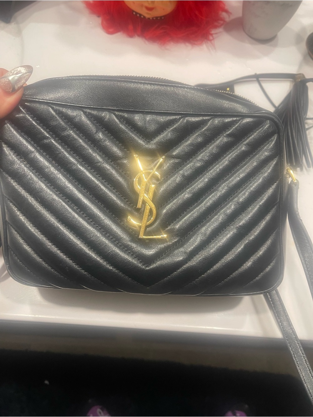 Saint Laurent Black Chevron Quilted Leather Crossbody with Gold YSL Emblem